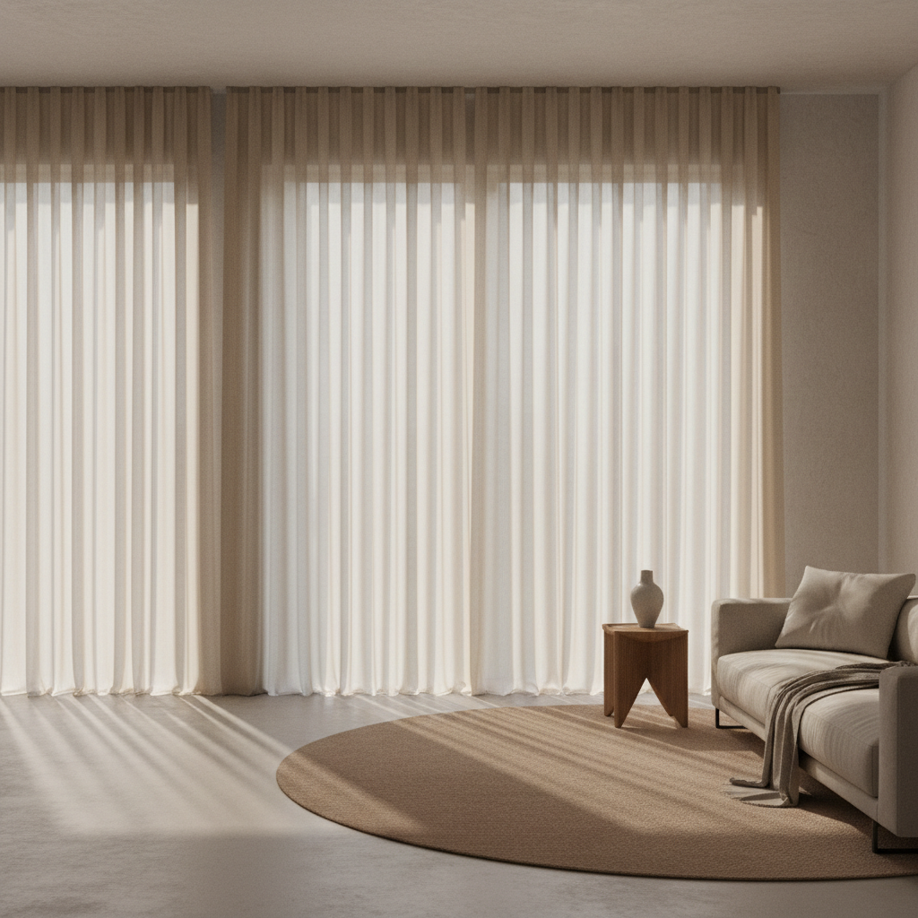 Soft architectural drapery in a sunlit living room